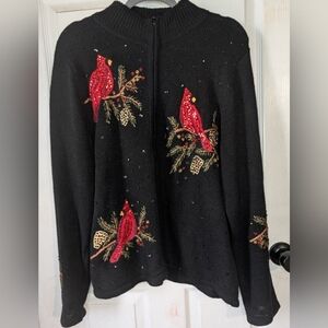 Vintage Sarah Bentley‎ Embroidered Black Sweater with Red Cardinals 0075